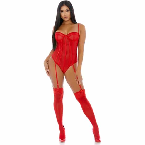 Forplay Sheer Up Mesh Body Lenceria Sexy Mujer Con Liguero De Malla Rojo 1pc Talla S Bodys con Ligueros The Sex Toys Factory