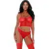 Forplay Ring Me Up Bustie Conjunto Sexy De Corpiño Y Bragas Con Liguero De Malla Rojo 2pc Talla L - The Sex Toys Factory